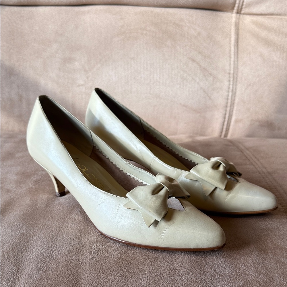 Dolcis VINTAGE Laura Cream Leather Bow 6.5 Heels